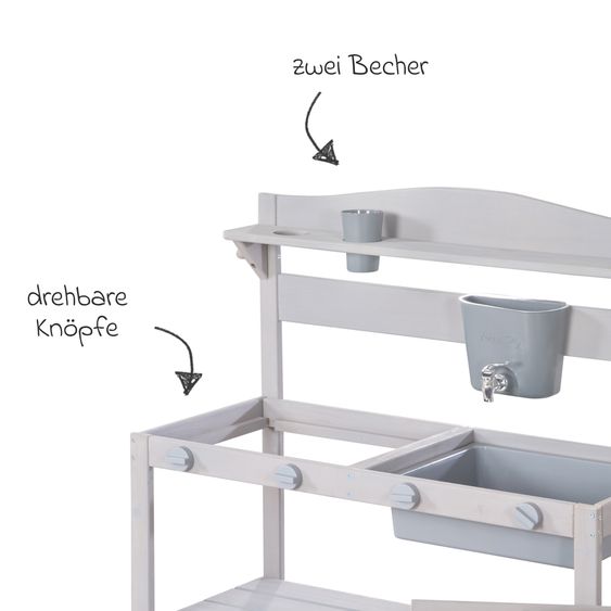 Roba Große Spielküche mit Spielwanne, 2 Herdplatten, Wasserbehälter mit Wasserhahn inkl. Zubehör - Grau