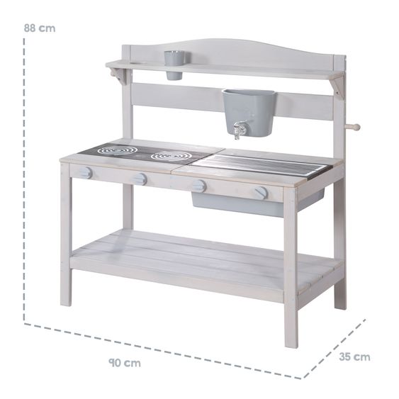 Roba Große Spielküche mit Spielwanne, 2 Herdplatten, Wasserbehälter mit Wasserhahn inkl. Zubehör - Grau