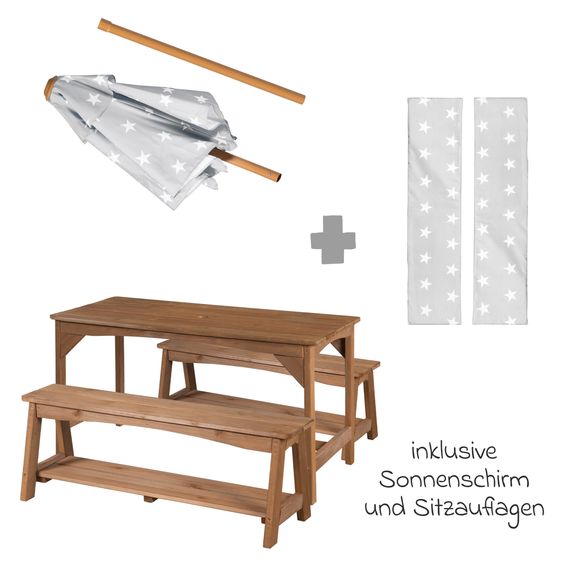 Roba Kindersitzgruppe mit Sitzauflagen und Sonnenschirm - Little Stars - Teakholzfarben