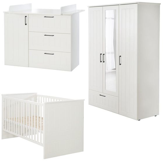 Roba Nursery Sylt Baby with 3-door wardrobe, bed, wide changing unit - White