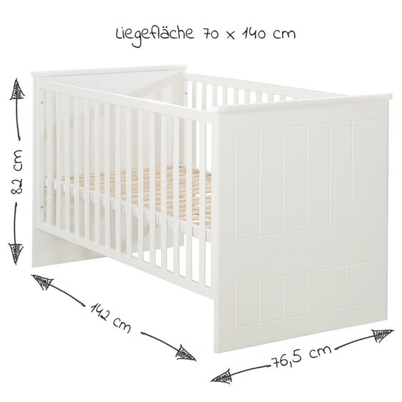 Roba Nursery Sylt Baby with 3-door wardrobe, bed, wide changing unit - White