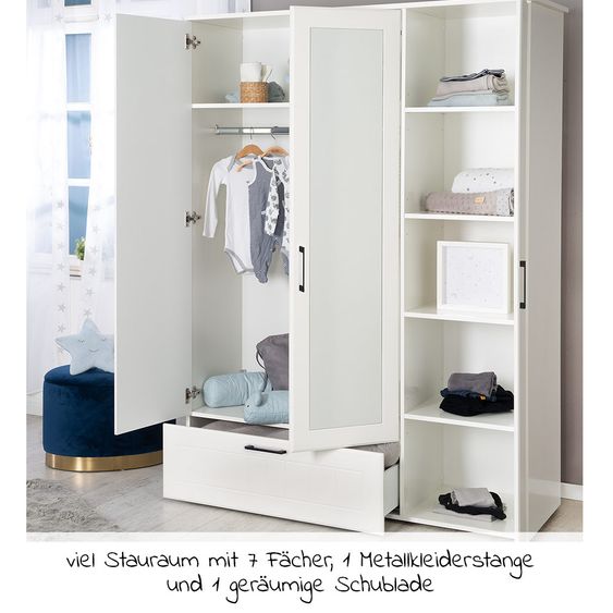 Roba Nursery Sylt Baby with 3-door wardrobe, bed, wide changing unit - White