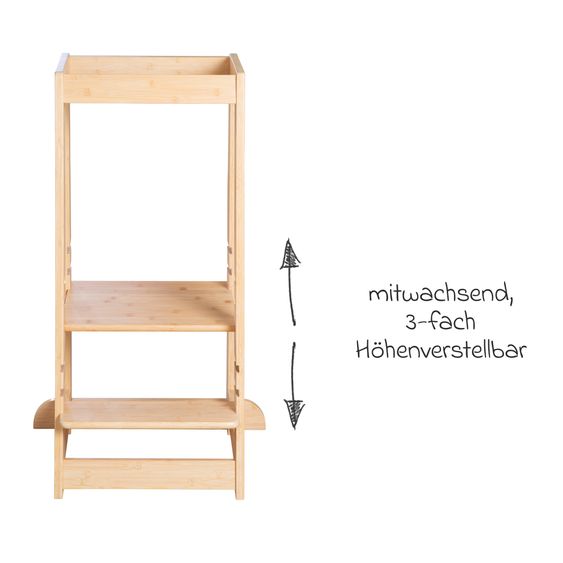 Roba Lernturm aus 100% Bambus mitwachsend mit 3-fach höhenverstellbarem Stand- und Fußbrett - Montessori - Braun