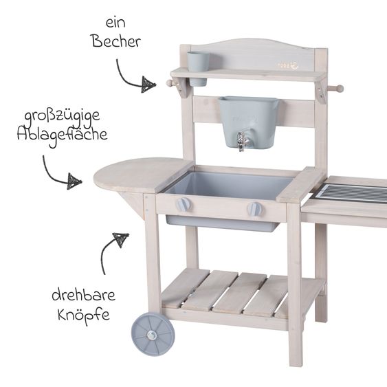 Roba Mobile Spiel- und Matschküche BBQ mit Rollen, Spielwanne, Wasserbehälter mit Wasserhahn & Ablagefläche - Grau