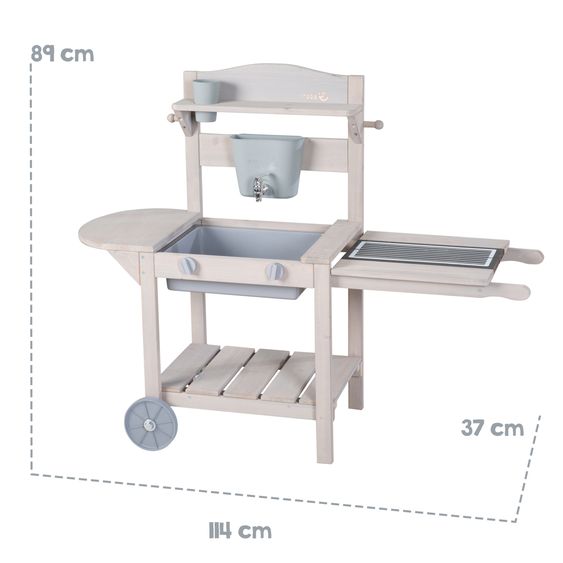 Roba Mobile Spiel- und Matschküche BBQ mit Rollen, Spielwanne, Wasserbehälter mit Wasserhahn & Ablagefläche - Grau