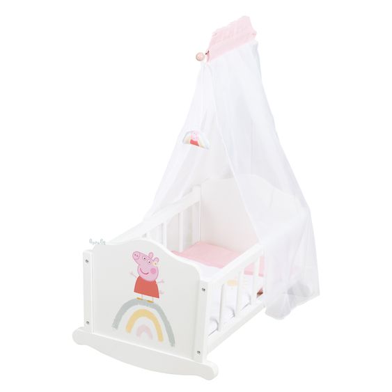 Roba Puppenwiege inkl. Himmelstange, Voilehimmel und Bettwäsche - Peppa Pig - Weiß