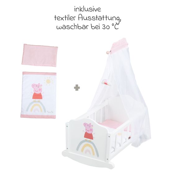 Roba Puppenwiege inkl. Himmelstange, Voilehimmel und Bettwäsche - Peppa Pig - Weiß