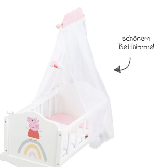 Roba Puppenwiege inkl. Himmelstange, Voilehimmel und Bettwäsche - Peppa Pig - Weiß
