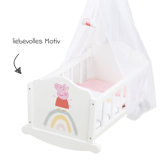 Roba Puppenwiege inkl. Himmelstange, Voilehimmel und Bettwäsche - Peppa Pig - Weiß