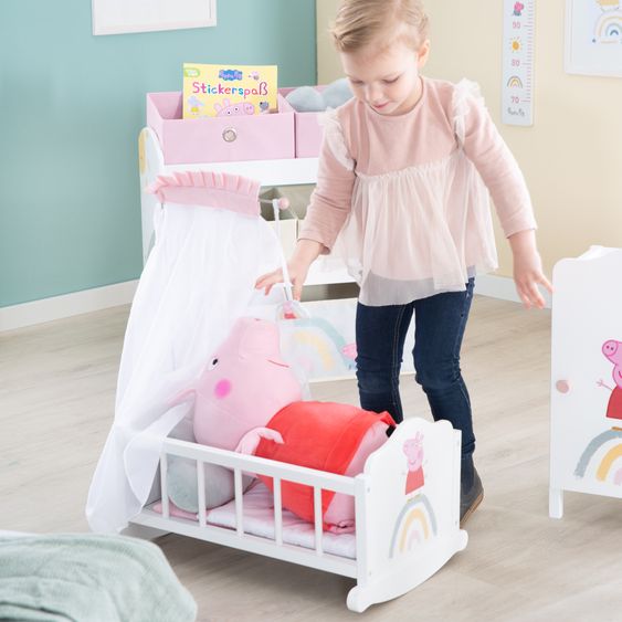 Roba Puppenwiege inkl. Himmelstange, Voilehimmel und Bettwäsche - Peppa Pig - Weiß