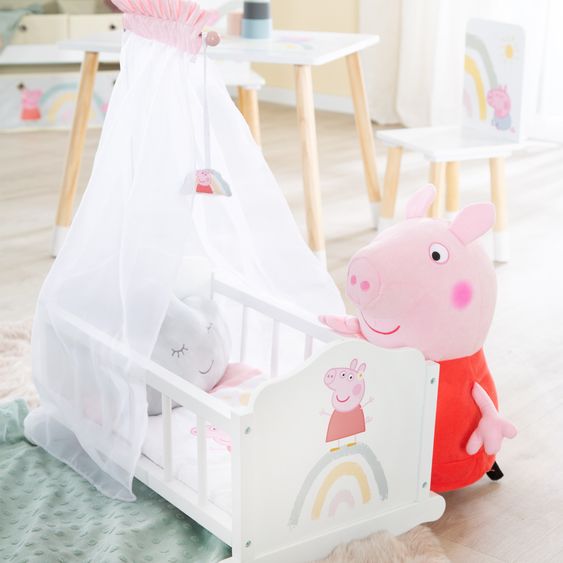 Roba Puppenwiege inkl. Himmelstange, Voilehimmel und Bettwäsche - Peppa Pig - Weiß