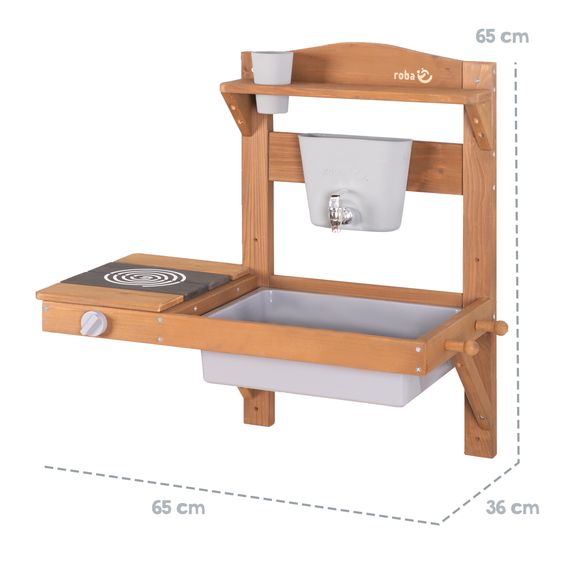 Roba Spiel- und Matschküche kompakt zum Hängen mit Spielwanne, Herdplatte, Wasserbehälter mit Wasserhahn inkl. Zubehör - Teakholzfarben
