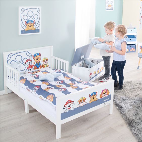 Roba Toddler-Themen-Komplettbett inkl. Lattenrost und Bettwäsche 70 x 140 cm - Paw Patrol - Weiß Blau