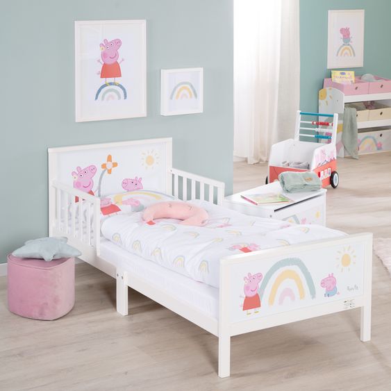 Roba Letto completo a tema per bambini con rete a doghe e lenzuola 70 x 140 cm - Peppa Pig - Bianco