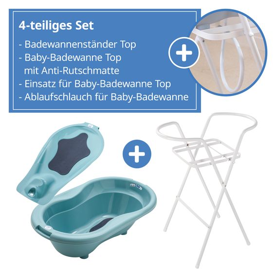 Rotho Babydesign 4-tlg. Badeset / Badestation Top - inkl. Badewanne + Wannenständer + Badeliege + Ablaufschlauch - Lagoon