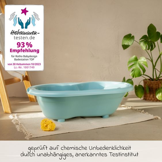 Rotho Babydesign 4-tlg. Badeset / Badestation Top - inkl. Badewanne + Wannenständer + Badeliege + Ablaufschlauch - Lagoon