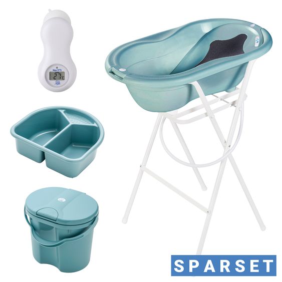 Rotho Babydesign 7-tlg. Badeset / Badestation Top - inkl. Badewanne + Wannenständer + Badeliege + Waschschüssel + Badethermometer + Ablaufschlauch + Windeleimer - Lagoon