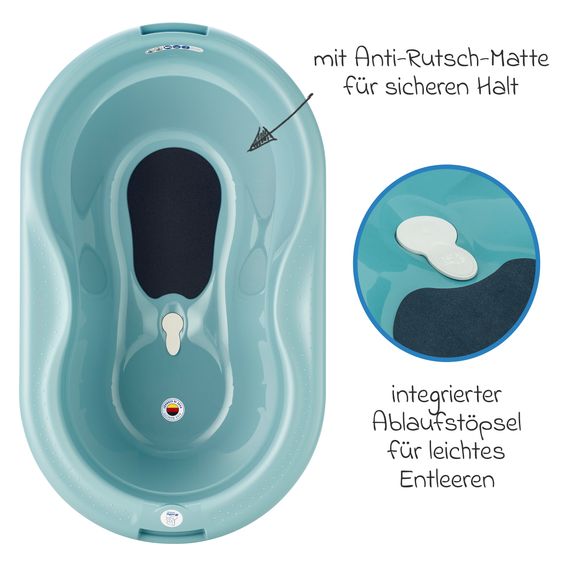 Rotho Babydesign 7-tlg. Badeset / Badestation Top - inkl. Badewanne + Wannenständer + Badeliege + Waschschüssel + Badethermometer + Ablaufschlauch + Windeleimer - Lagoon