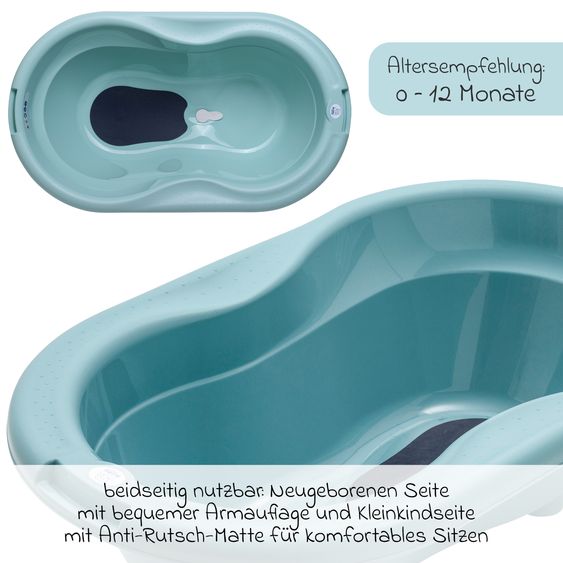 Rotho Babydesign 7-tlg. Badeset / Badestation Top - inkl. Badewanne + Wannenständer + Badeliege + Waschschüssel + Badethermometer + Ablaufschlauch + Windeleimer - Lagoon