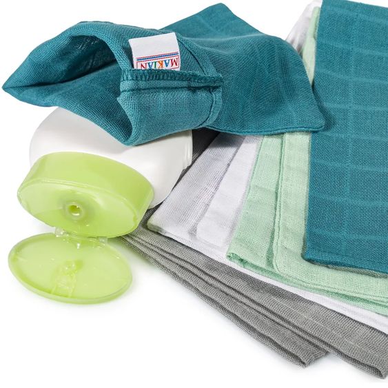 Rotho Babydesign Faltbare Baby-Badewanne Bath 2 Go + Gratis Mull-Waschhandschuh 8er Pack - Patina / Mint