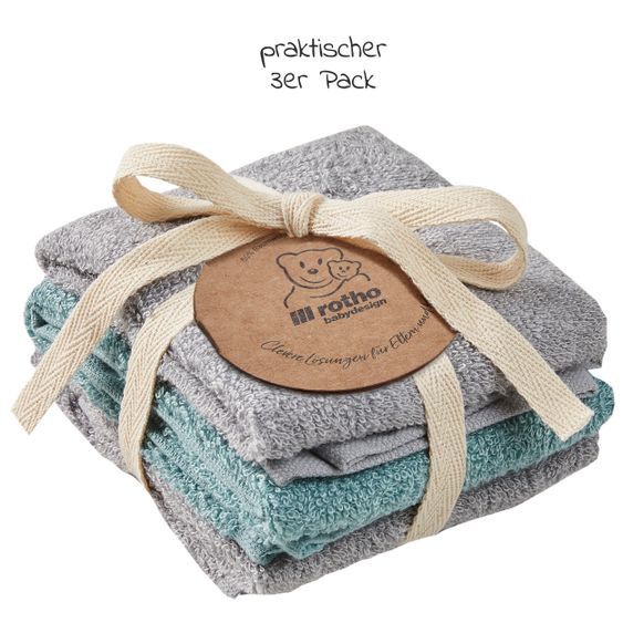 Rotho Babydesign Waschtuch / Pflegetuch 3er Pack 30 x 30 cm - Stone Grey / Lagoon