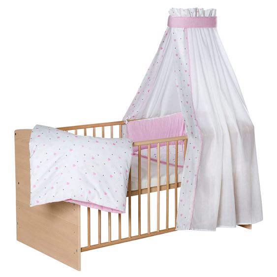 Schardt Baby-Komplettbett-Set Classic-Line inkl. Bettwäsche, Himmel, Nestchen & Matratze Natur 70 x 140 cm - Herzchen - Rosa