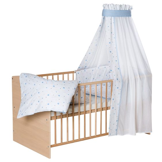 Schardt Baby-Komplettbett-Set Classic-Line inkl. Bettwäsche, Himmel, Nestchen & Matratze Natur 70 x 140 - Herzchen - Hellblau