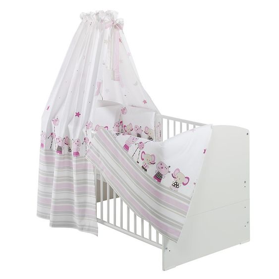 Schardt Baby-Komplettbett-Set Classic-Line inkl. Bettwäsche, Himmel, Nestchen & Matratze Weiß 70 x 140 cm - Banjo Pink