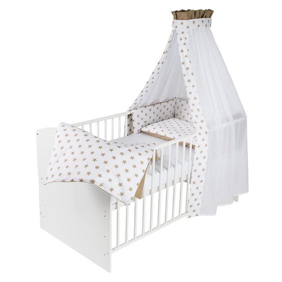 Schardt Baby-Komplettbett-Set Classic-Line inkl. Bettwäsche, Himmel, Nestchen & Matratze Weiß 70 x 140 cm - Big Stars Beige