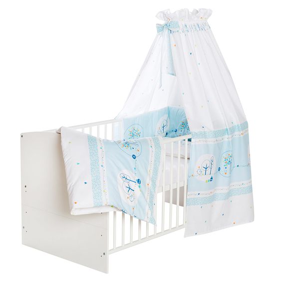 Schardt Baby-Komplettbett-Set Classic-Line inkl. Bettwäsche, Himmel, Nestchen & Matratze Weiß 70 x 140 cm - Birdy - Hellblau