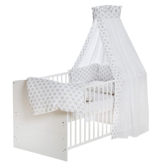 Schardt Set letto completo per bambini Classic-Line con lenzuola, baldacchino, nido e materasso bianco 70 x 140 cm - Circle Star Grey