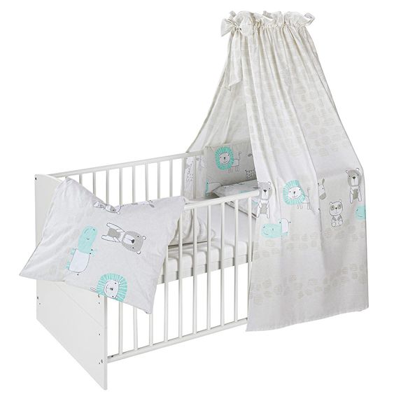 Schardt Baby-Komplettbett-Set Classic-Line inkl. Bettwäsche, Himmel, Nestchen & Matratze Weiß 70 x 140 cm - Exklusiv Design Wallis - Grau