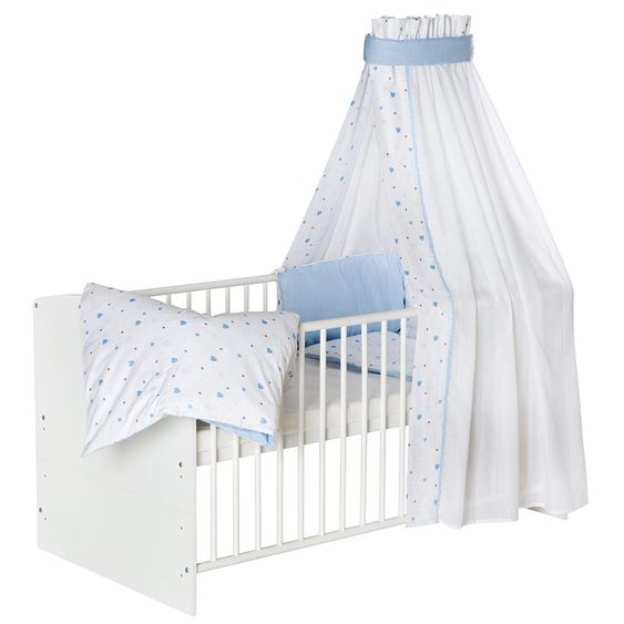 Schardt Baby complete bed set Classic-Line incl. bedding, canopy, nestle & mattress White 70 x 140 cm - hearts - light blue