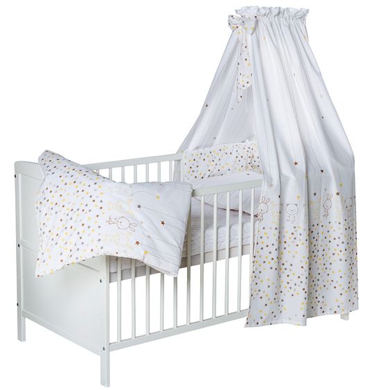 Schardt Baby-Komplettbett-Set Conny inkl. Bettwäsche, Himmel, Nestchen & Matratze Kiefer Massiv Weiß 70 x 140 cm - Teddy Star - Weiß