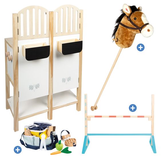 small foot Set Hobby Horsing 10 Pièces avec Cheval Bâton, Étable, Haie & Set De Nettoyage Et Entretien - Marron / Multicolore