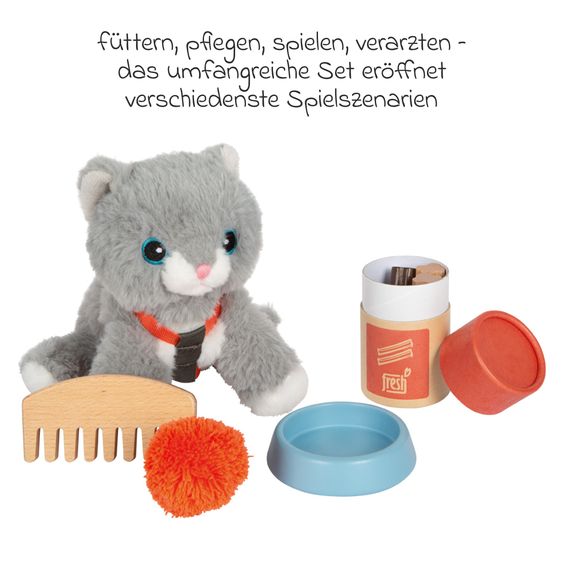 small foot Set De Soin 14 Pièces Pour Chatons avec Sac, Bébé Chat et Beaucoup d’Accessoires - Gris