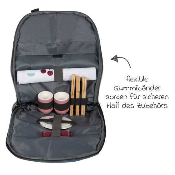 small foot Zaino da picnic 14 pz. con piatti, bicchieri, posate, thermos, coltello pieghevole e coperta - Tasty - Blu