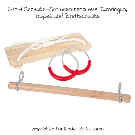 small foot 3-in-1 Schaukel-Set mit Brettschaukel, Turnringen & Trapez - Natur