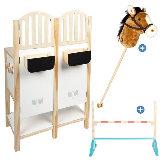 small foot Set Hobby Horsing 3 Pièces avec Cheval Bâton, Étable & Barrière - Marron / Multicolore