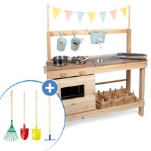 Set da gioco da giardino 5 pz. Cucina da esterno & Set attrezzi da giardino 4 pz. - Naturale