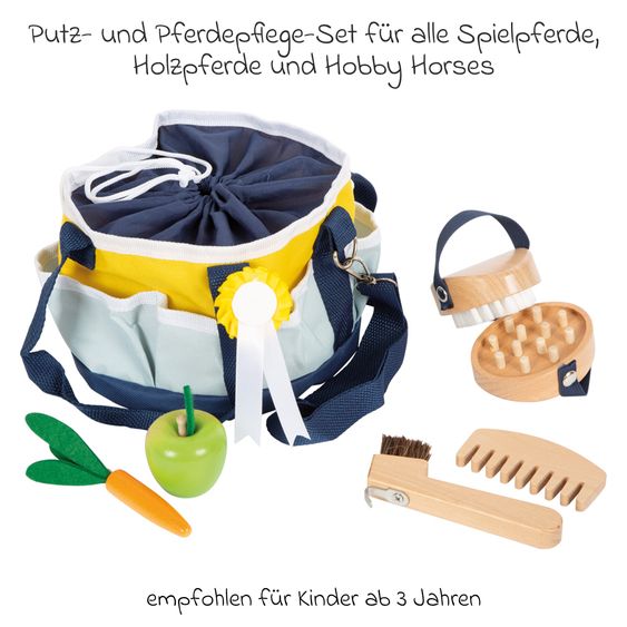 small foot 7-pc Cleaning and Horse Care Set with 1 brush, 1 dandy brush, 1 hoof pick, 1 comb, 1 apple, 1 carrot & bag - Hobby Horse - Blue