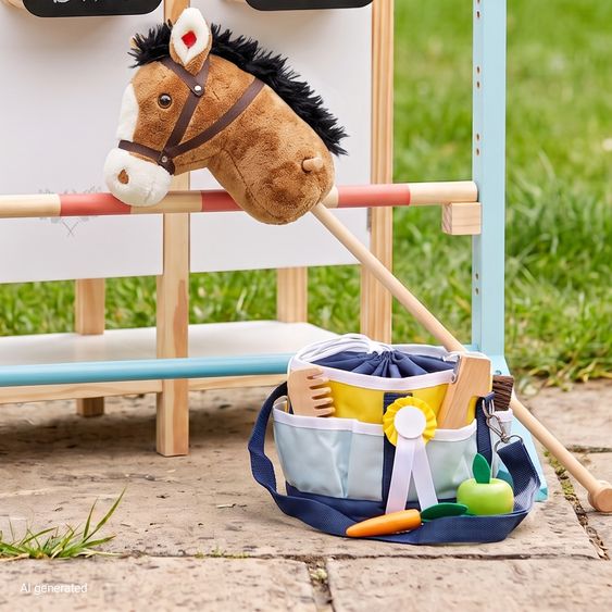 small foot Set De 7 Pièces Pour Le Nettoyage Et Le Soin Des Chevaux avec 1 Brosse, 1 Cure-Pieds, 1 Grattoir à Sabot, 1 Peigne, 1 Pomme, 1 Carotte & Sac - Cheval De Bois - Bleu