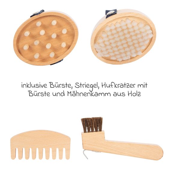 small foot 7-pc Cleaning and Horse Care Set with 1 brush, 1 dandy brush, 1 hoof pick, 1 comb, 1 apple, 1 carrot & bag - Hobby Horse - Blue