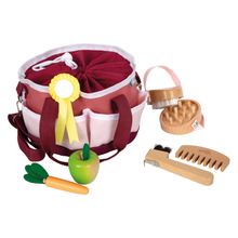 7-tlg. Putz- und Pferdepflege-Set mit 1 Bürste, 1 Striegel, 1 Hufkratzer, 1 Kamm, 1 Apfel, 1 Möhre & Tasche - Hobby Horse - Rot