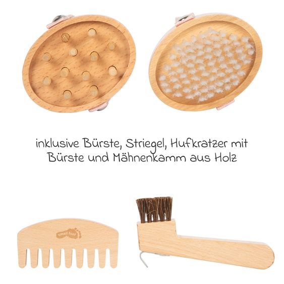 small foot 7-tlg. Putz- und Pferdepflege-Set mit 1 Bürste, 1 Striegel, 1 Hufkratzer, 1 Kamm, 1 Apfel, 1 Möhre & Tasche - Hobby Horse - Rot