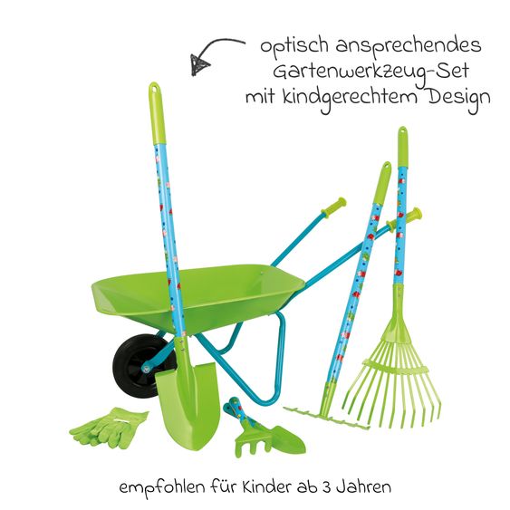 small foot 9-tlg. Großes Gartenset mit Schubkarre inkl. Rechen, Harke & Spaten - Grün