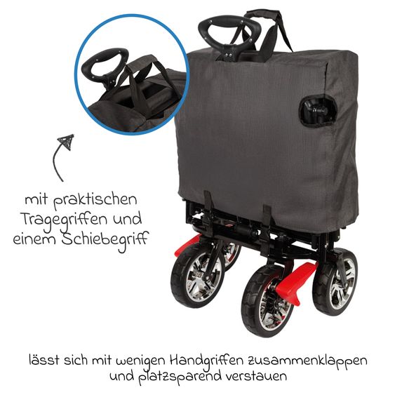 small foot Bollerwagen bis 80 kg belastbar mit Dach, Ablagekorb, Regenschutz & Transporttasche - Schwarz
