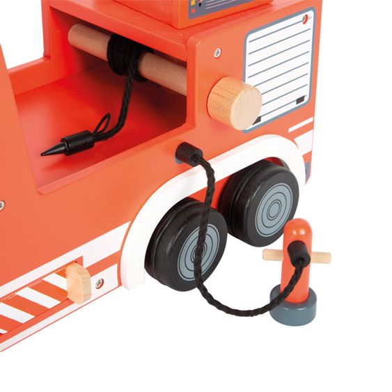 small foot Camion De Pompier avec 3 Grilles, 2 Pylônes, 1 Borne Incendie avec Tuyau incl. Poupée Articulée - Rouge