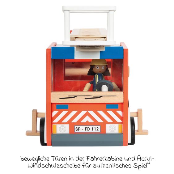 small foot Camion De Pompier avec 3 Grilles, 2 Pylônes, 1 Borne Incendie avec Tuyau incl. Poupée Articulée - Rouge