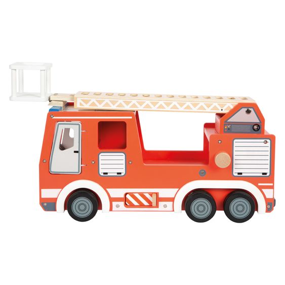 small foot Camion De Pompier avec 3 Grilles, 2 Pylônes, 1 Borne Incendie avec Tuyau incl. Poupée Articulée - Rouge